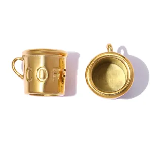 Close-up detail of a 3D golden stainless steel coffee cup pendant for DIY jewelry.