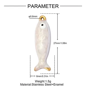 Specifiche dettagliate sulle dimensioni per il ciondolo a pesce in acciaio e smalto.