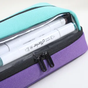 Close-up of a large capacity transparent oxford cloth pencil case with markers inside