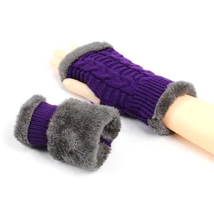 Detailed view of purple cable-knit fingerless gloves with gray faux fur trim