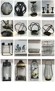 Collage of various European retro black iron candle holders and decorative lanterns.