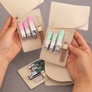 Set per manicure professionale portatile con tagliaunghie colorati in custodia di pelle beige