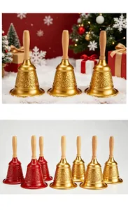 Élégantes cloches à main en métal doré et rouge avec manche en bois pour Noël et service