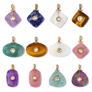 Franse Retro Natuursteen DIY Roestvrij Stalen Hanger Geometrische Strass Charm Voor Ketting Maken Vrouwen Sieraden