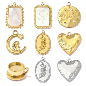 Stainless Steel Titanium Pendant For Women DIY Jewelry Making Heart Rose Rabbit Moon Coffee Cup Charm Rhinestone Gold Silver Accessories