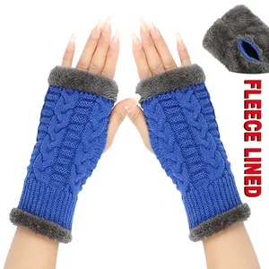 Women Cable Knit Fingerless Gloves Winter Warm Fleece Lined Arm Warmers With Faux Fur Trim Thick Knitted Half Finger Mitten