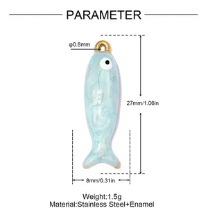 Dimensioni dettagliate del ciondolo a forma di pesce in smalto azzurro in acciaio inossidabile
