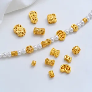 24K Verguld Messing Opengewerkte Spacer Kralen Chinese Vintage Stijl Telraam Bloem Munt Cilinder Kralen Voor DIY Sieraden Maken Accessoires