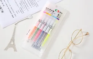 Macro view of a 6-color dual-tip highlighter pen set arranged with school props