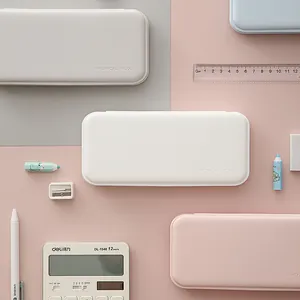 Minimalist portable pencil box storage in pastel colors for students and office use.