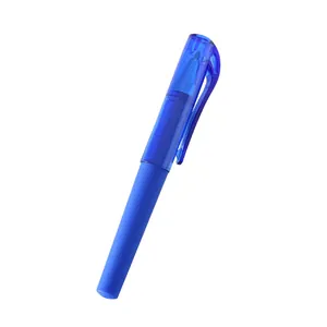 Portable mini blue gel pen featuring a matte barrel and a transparent blue clip cap
