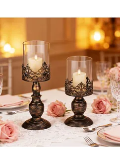 Vintage bronze iron candle holder with glass hurricane for romantic dinner table decor