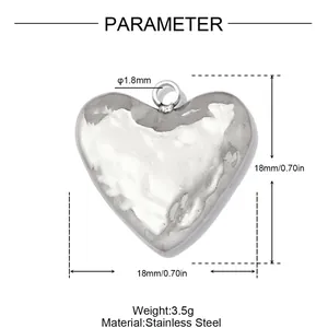 Macro view of 18mm heart-shaped stainless steel pendant with specific size labels