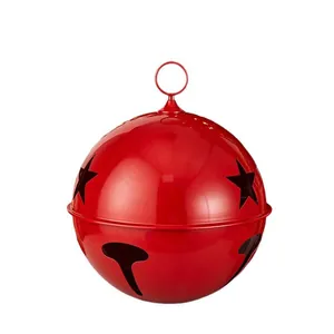 Large red metal Christmas jingle bell ornament with star cutouts for festive holiday decor.