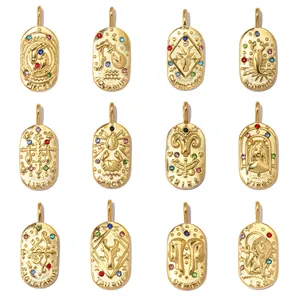 French Vintage Stainless Steel Twelve Zodiac Oval Pendant For Women DIY Jewelry Making Gold Plated Rhinestone Zodiac Sign Charm