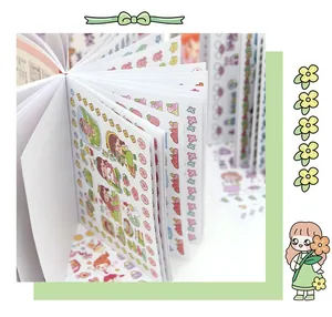 Close-up of a cute cartoon sticker book featuring colorful girl and floral patterns for kids