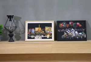Modern minimalist wooden and black picture frames showcasing city night scene scratch art decor