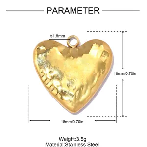 Macro view of gold hammered heart pendant with detailed size and weight dimensions