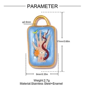 Detailed view of mystical enamel hand pendant showing dimensions and material parameters