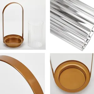 Bougeoir rétro en métal doré portatif avec verre cannelé coupe-vent pour décor romantique
