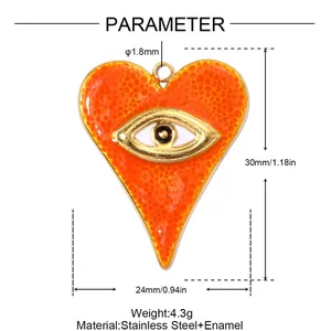 Detailed size specifications for the orange heart evil eye stainless steel pendant