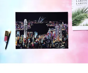 Detail of city night view scratch art featuring the Hong Kong skyline with colorful lights.