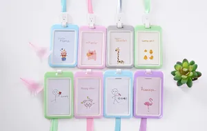 Variety of colorful cartoon ID card holders with lanyards and cute animal designs