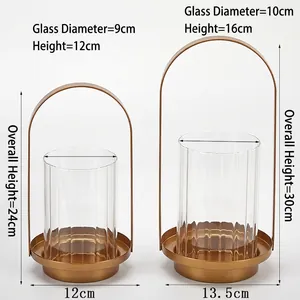 Bougeoir rétro en métal doré avec cylindre en verre nervuré coupe-vent pour décoration
