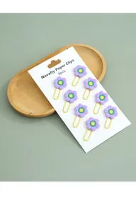Detail view of 8pcs purple flower novelty paper clips on a white display card