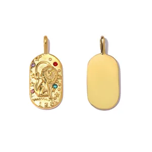 Macro detail of French vintage gold Leo zodiac oval pendant showing front and back