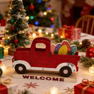 Vintage red wooden truck decor with interchangeable holiday signs on a welcome base
