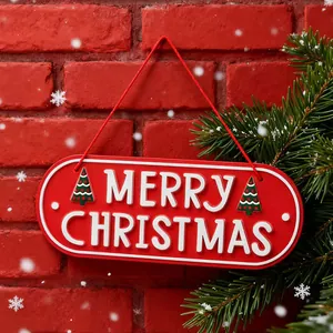 Red mini iron Merry Christmas hanging sign plaque for festive holiday tree wall decor