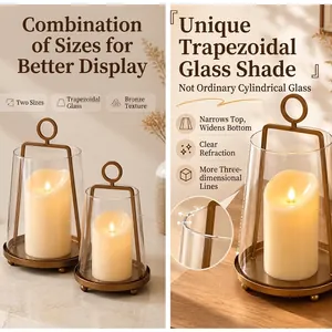 European style retro bronze candle holder with trapezoidal glass cover for wedding decor
