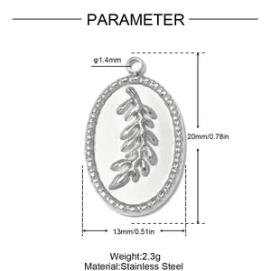 Detailed technical dimensions and weight specs of the oval stainless steel leaf pendant