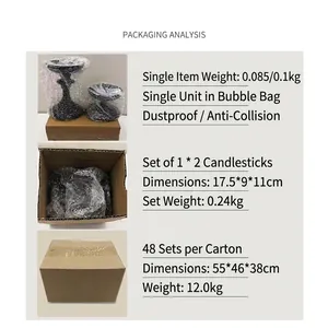 Packaging details of retro iron candle holders set showing dimensions and weights