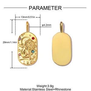 Detailed measurements of gold Leo zodiac oval pendant in stainless steel with rhinestones