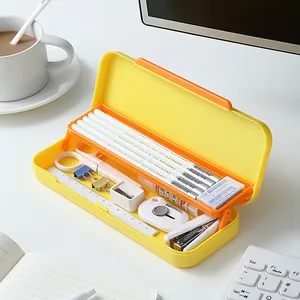 Estuche de lápices amarillo minimalista de doble capa y gran capacidad con papelería