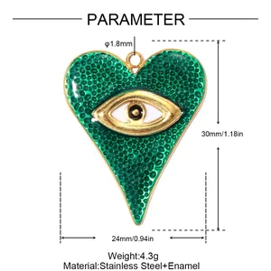 Detail view of green enamel heart pendant with evil eye dimensions and weight
