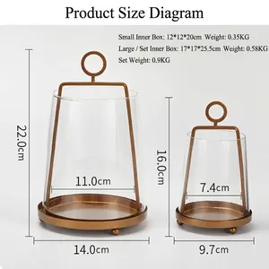 European retro glass candle holder set with gold metal frame and detailed dimensions