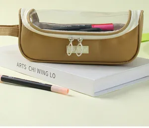 Detailed view of large capacity pencil bag with transparent panoramic window and dual zippers