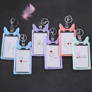 Pastel colored silicone badge holders featuring rabbit ear designs and cute inserts