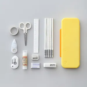 Set de estuche amarillo de doble capa con bonitos accesorios de papelería escolar