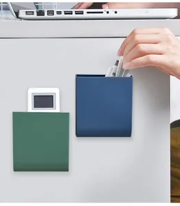 Detail view of green and blue wall-mounted storage boxes for pens and office supplies.