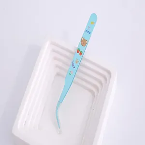 Close-up of blue cartoon stainless steel tweezers with bent tip for DIY crafts