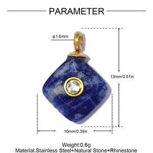 Technische tekening van een blauwe natuurstenen hanger met afmetingen en gewicht