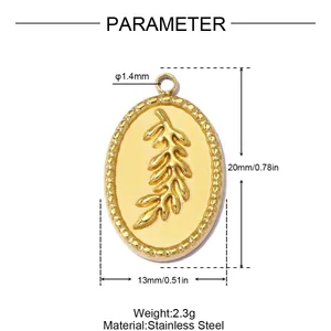 Technical detail view of a golden oval leaf pendant with precise dimensions and weight