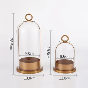 Lot de deux bougeoirs dorés de style américain avec cloches en verre et poignées en anneau.