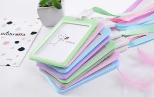 Collection of colorful silicone ID card holders with matching lanyards in pastel tones