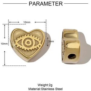 Détail de la perle en forme de cœur de 10mm avec motif œil et dimensions.