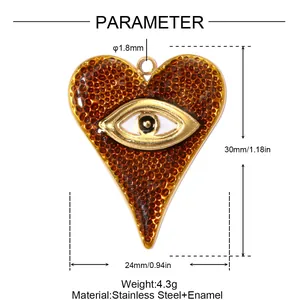 Detail view of heart evil eye pendant with size and material parameters